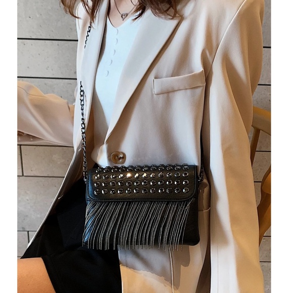 Luxe Vegan Leather Studded Tassel Shoulder Crossbody Bag - Picture 4 of 13